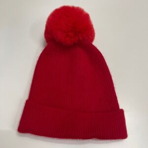 Norla Canada Alpaca Wool Beanie Red Ribbed Knit Pom Pom Winter Hat